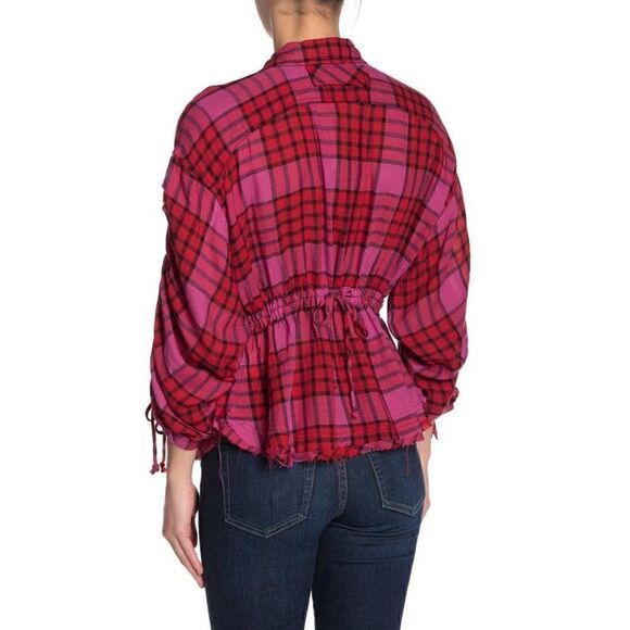 Free People NEW Red Plaid Tied-Cuff Shirt Top M - Picture 2 of 7